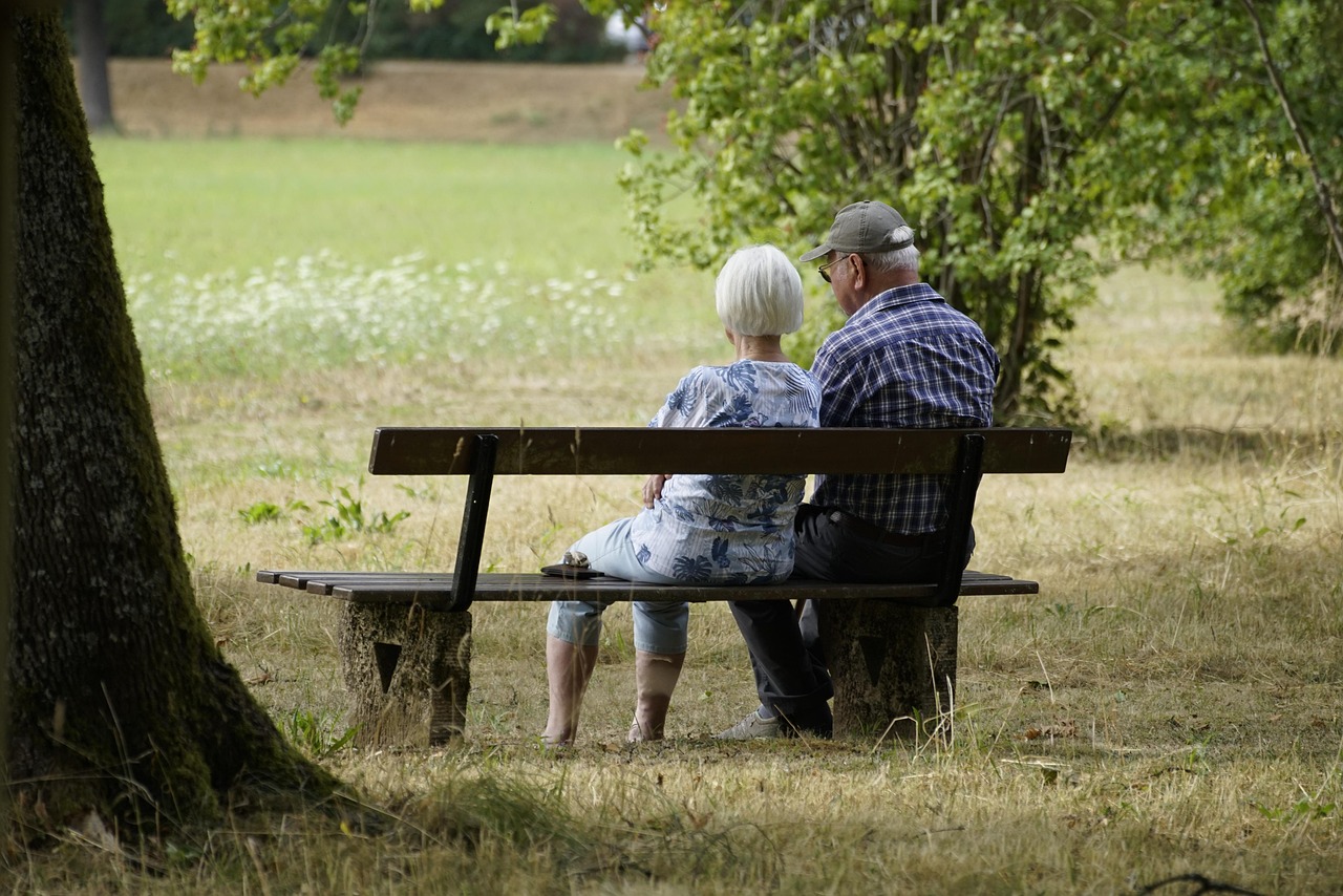 Retired couple seen from behind sitting on a bench in a summer meadow