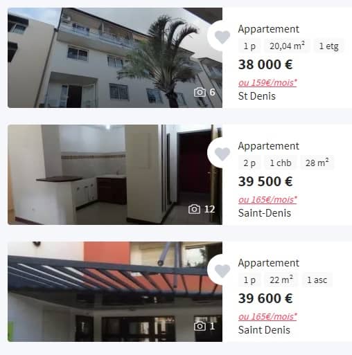 Example of a listing for a studio flat in Saint-Denis-de-la-Réunion at less than €40,000