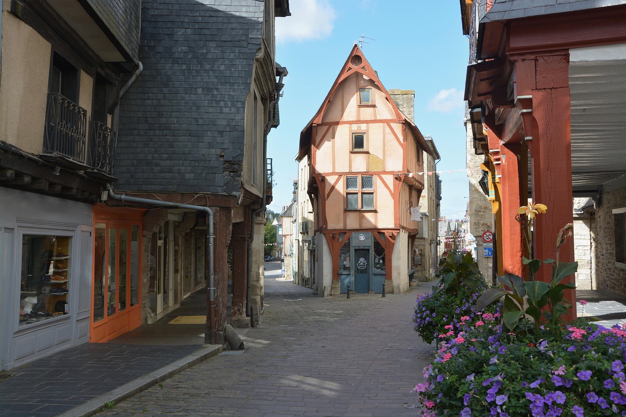 Rue pavée d'un centre ancien bordée de boutiques, avec une maison à pans de bois au fond